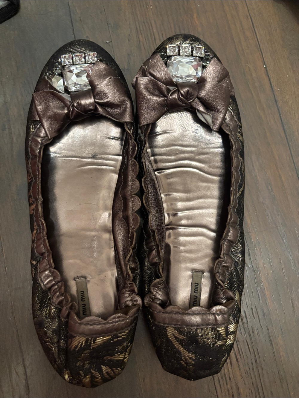 Miu Miu Bronze Satin Bow Ballet Flats with Crystal Embellishment